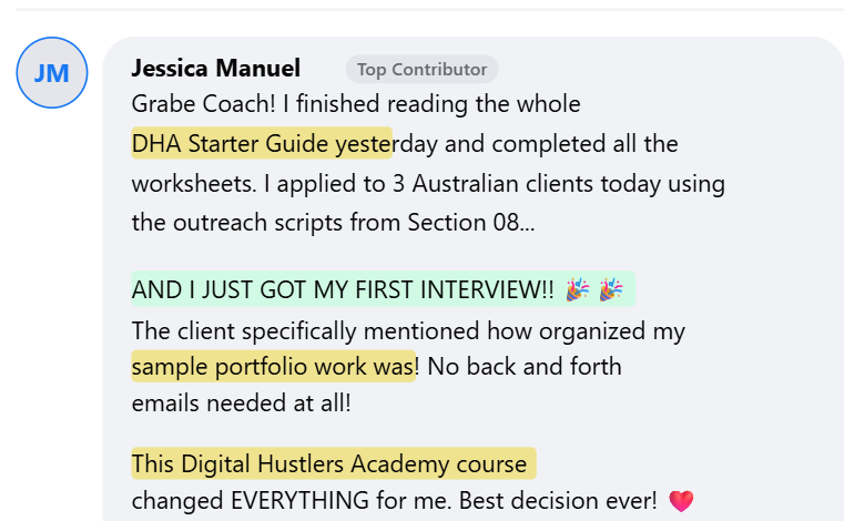 Student post about the Digital Hustlers Academy guide