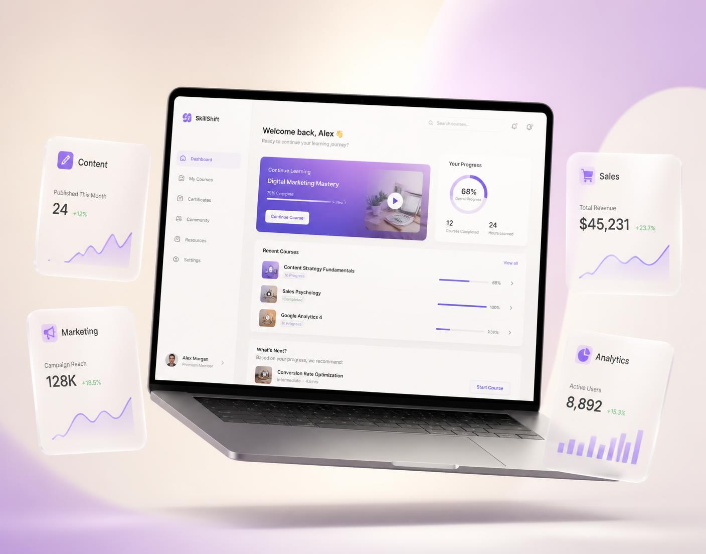 Hustle online course dashboard on a laptop with floating content, marketing, sales and analytics cards